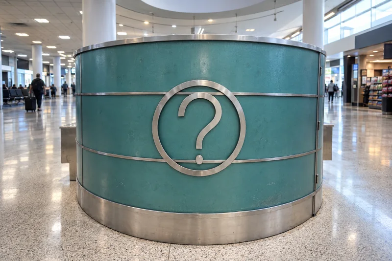 A round information desk in an airport terminal