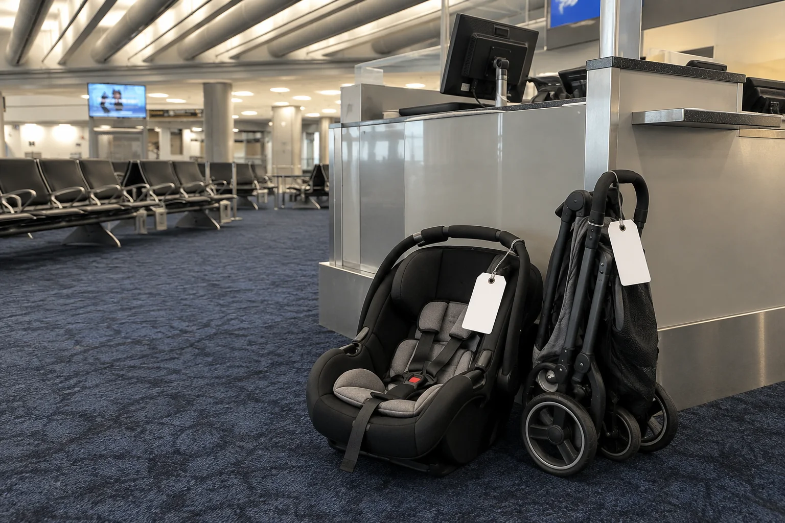 A car seat and a folded stroller with gate-check tags beside a gate desk