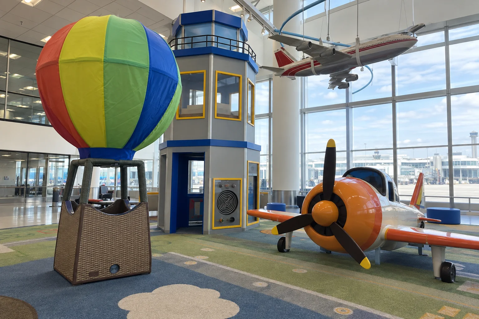 A children's play area in an airport concourse with a toy control tower