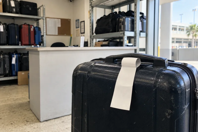 A suitcase with a claim ticket at a baggage storage counter