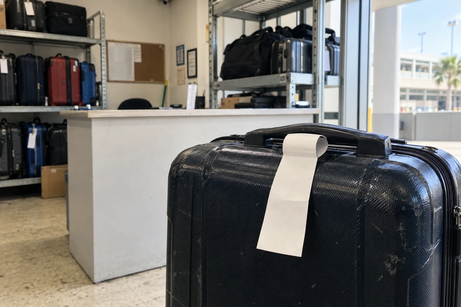 A suitcase with a claim ticket at a baggage storage counter