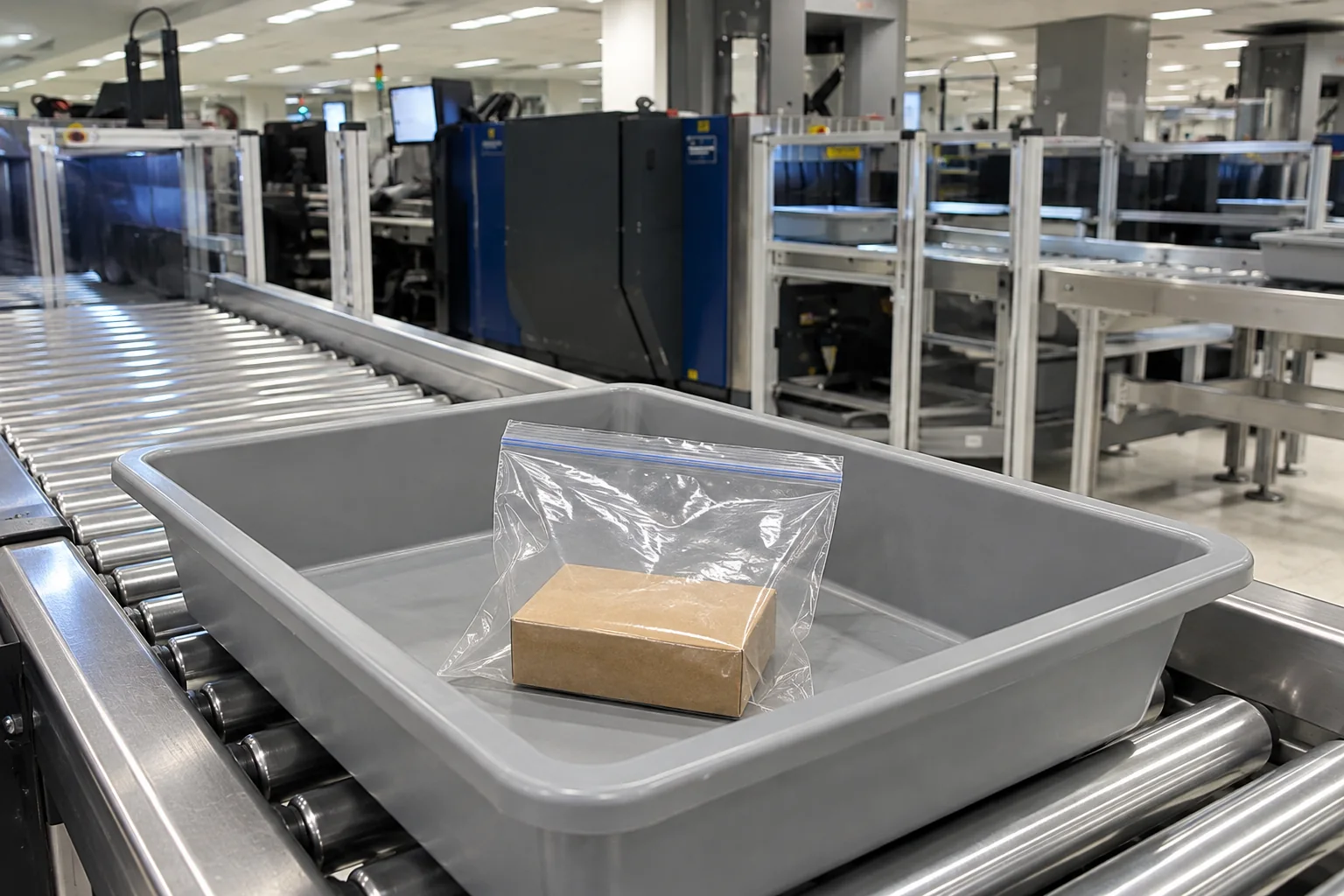 A sealed snack box in a clear bag inside a security bin