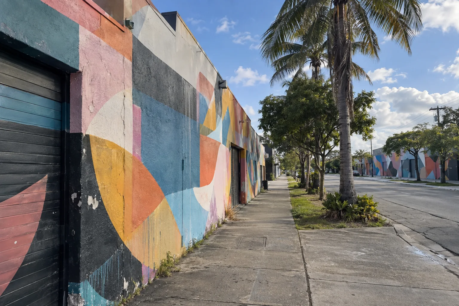 A street lined with warehouse walls painted in bright murals