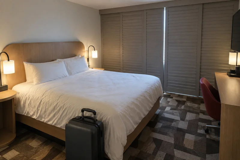 A made bed with a rounded headboard and a carry-on in a compact hotel room