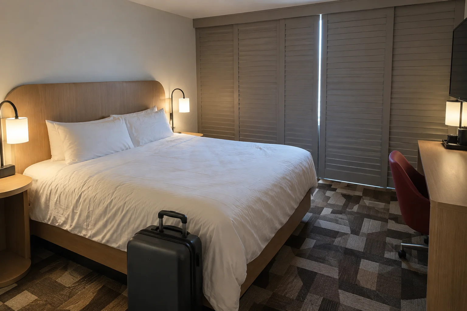 A made bed with a rounded headboard and a carry-on in a compact hotel room