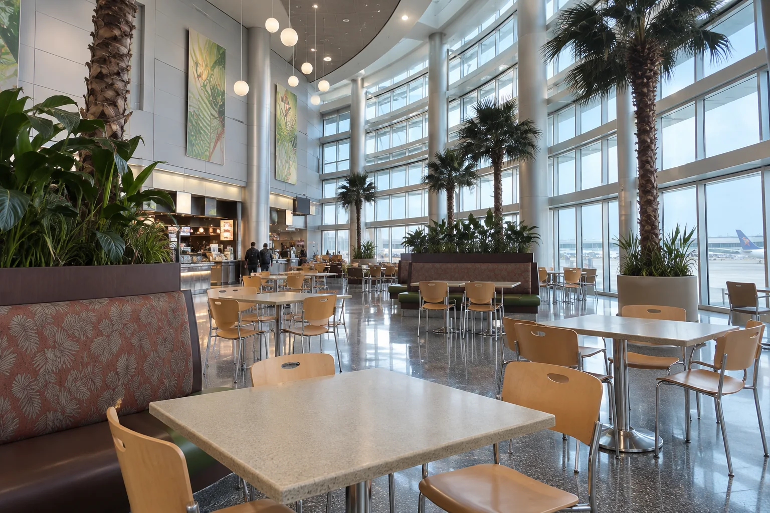 Tables and palm planters under a curved glass wall in an airport food court