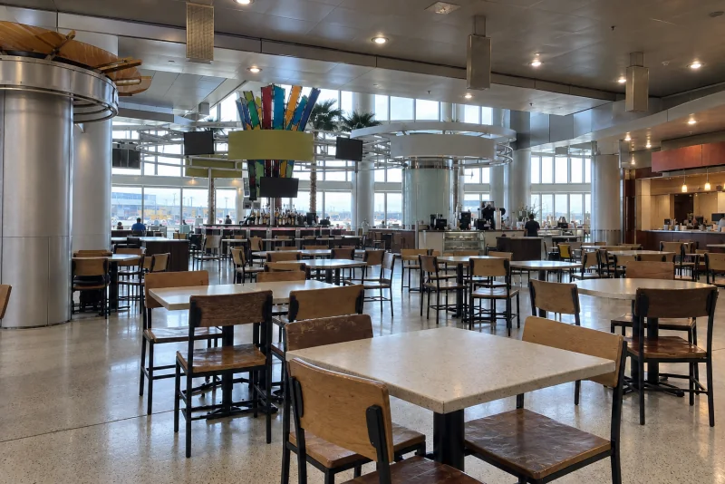 Rows of tables in an airport food court