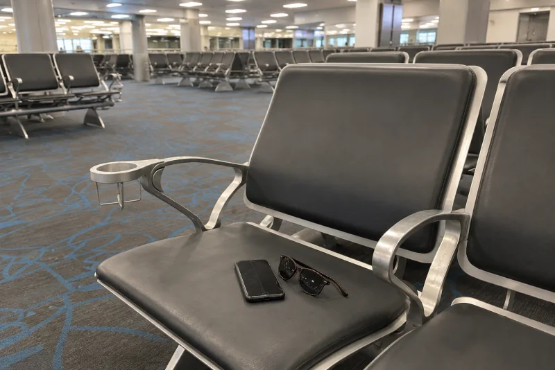 A phone and sunglasses left on an empty gate seat