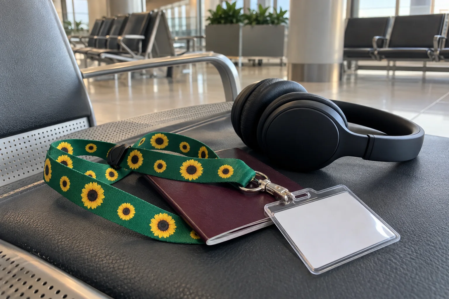 A green Sunflower lanyard on a passport and headphones