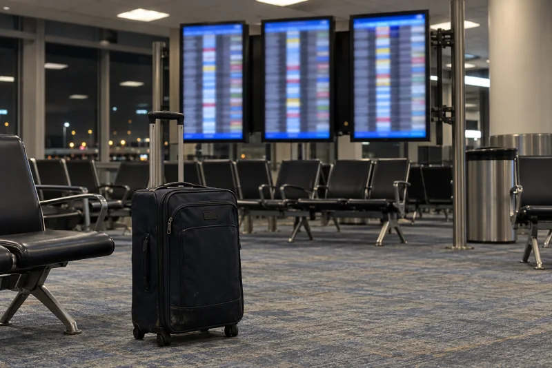 A lone suitcase in front of airport departure boards late at night