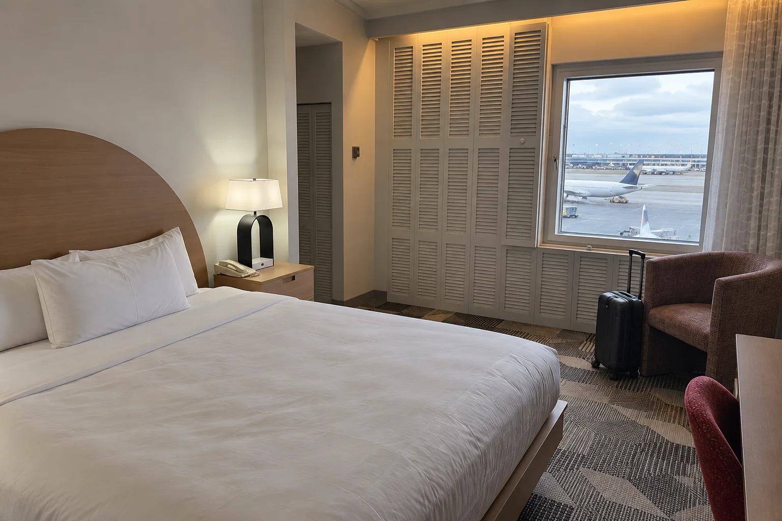 A hotel room with a window over an airport apron and parked aircraft