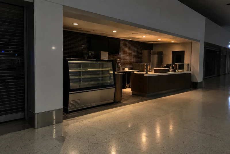 A lit cafe counter in a quiet airport concourse at night