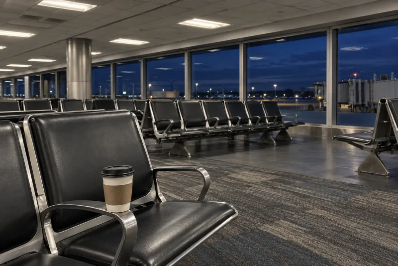 Empty gate seats before dawn with a coffee cup on one seat