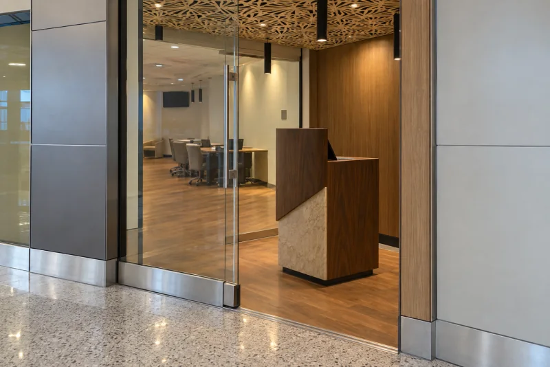 The entrance and reception desk of an airport lounge