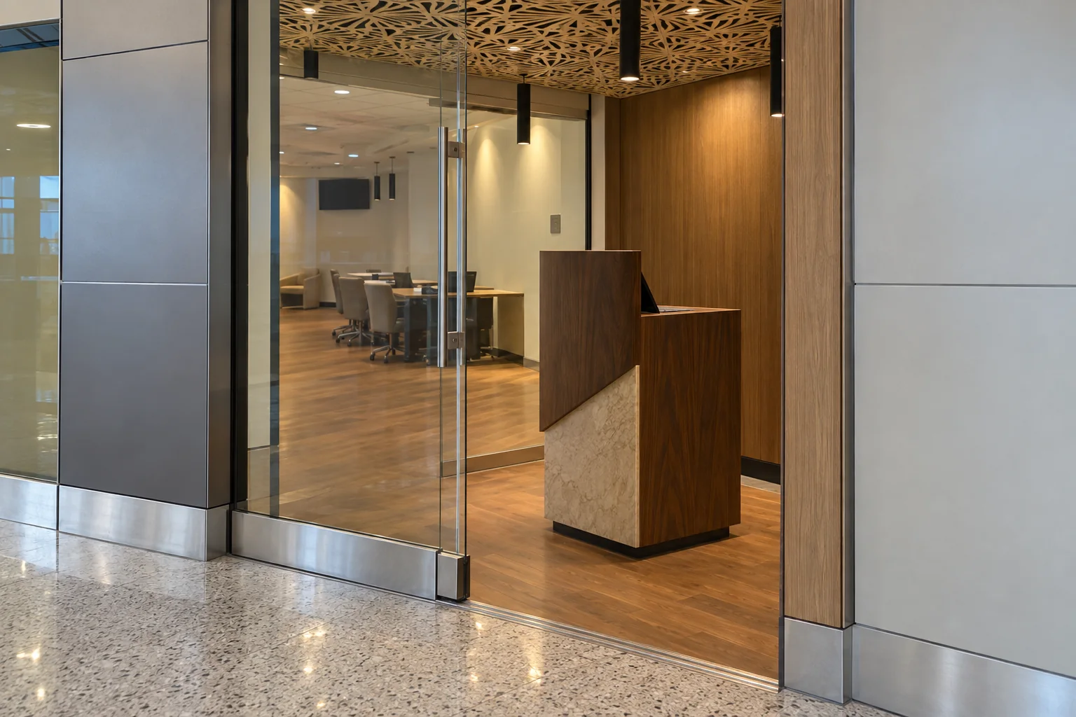 The entrance and reception desk of an airport lounge