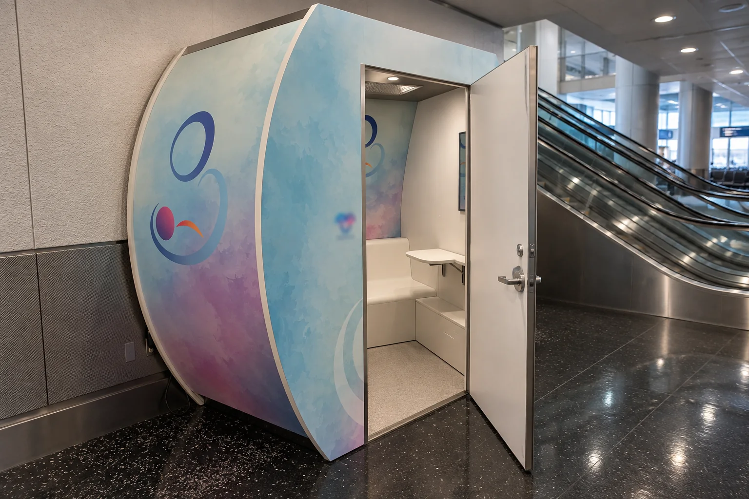 A rounded nursing pod with its door open in an airport concourse