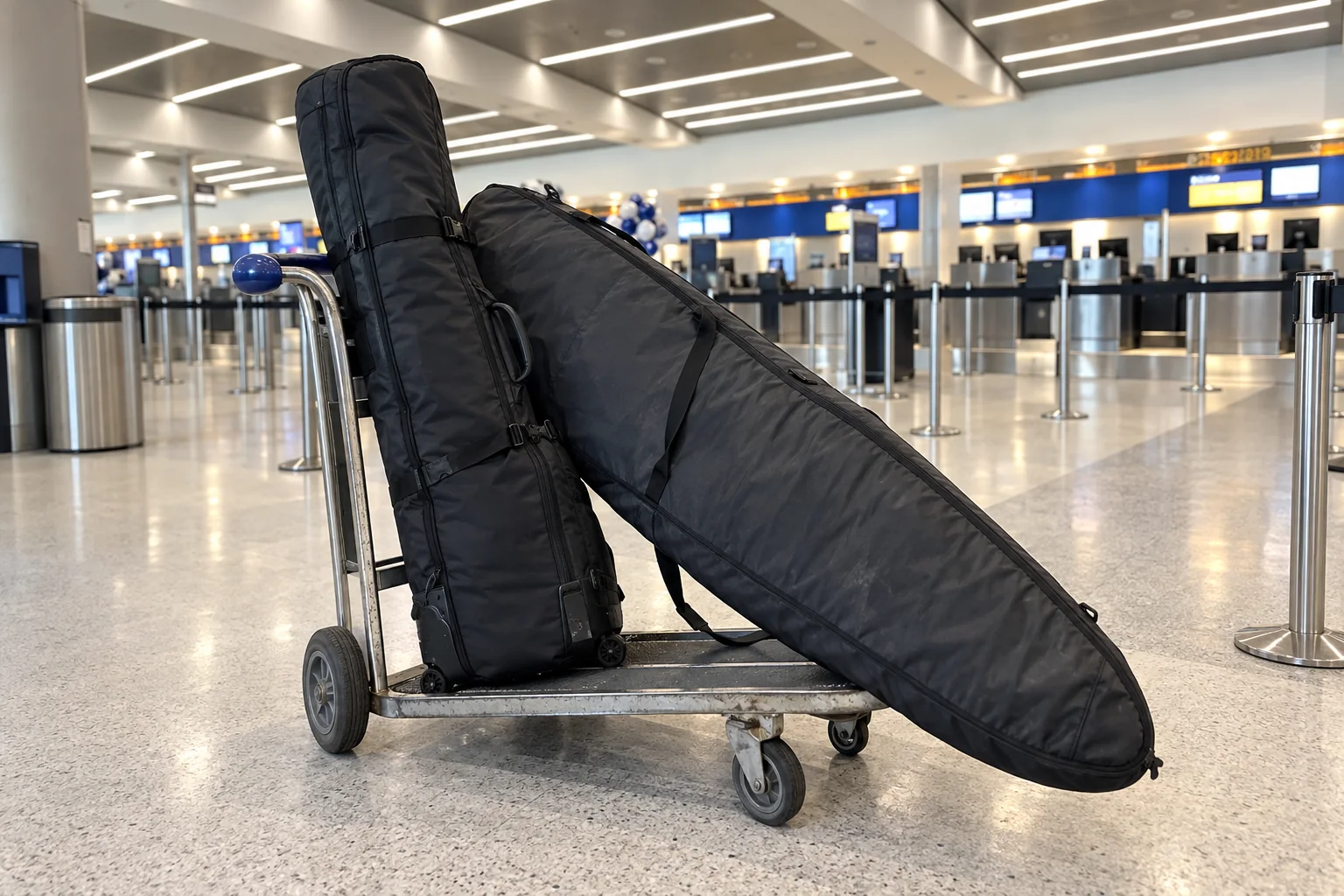 A golf travel case and a surfboard bag on a baggage cart in a check-in hall