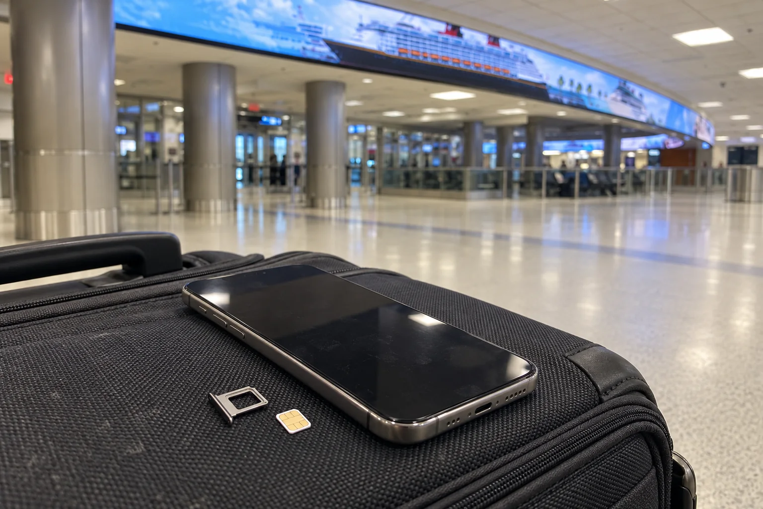 A phone with its SIM tray open on a suitcase in the arrivals hall at Miami International Airport