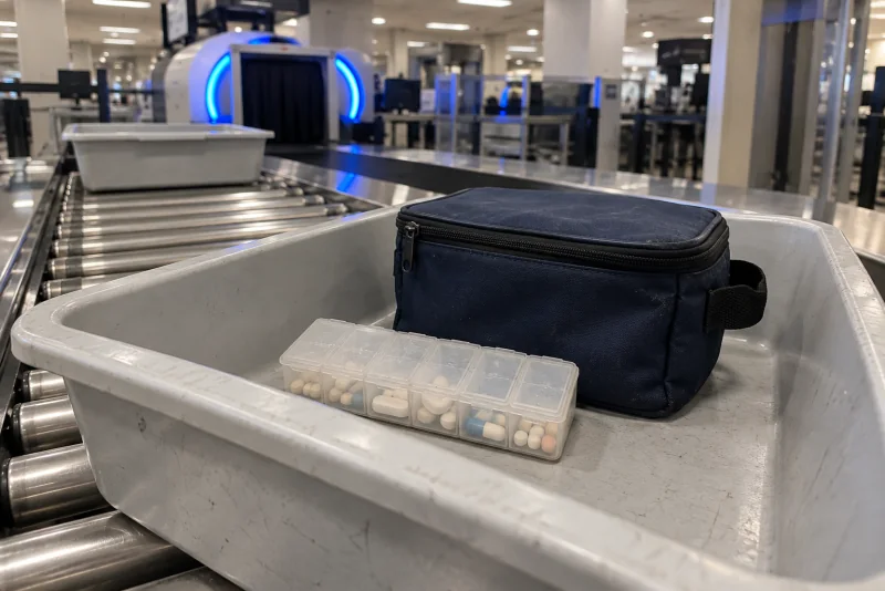 A pill organizer and a medication cooler bag in a security bin at Miami International Airport