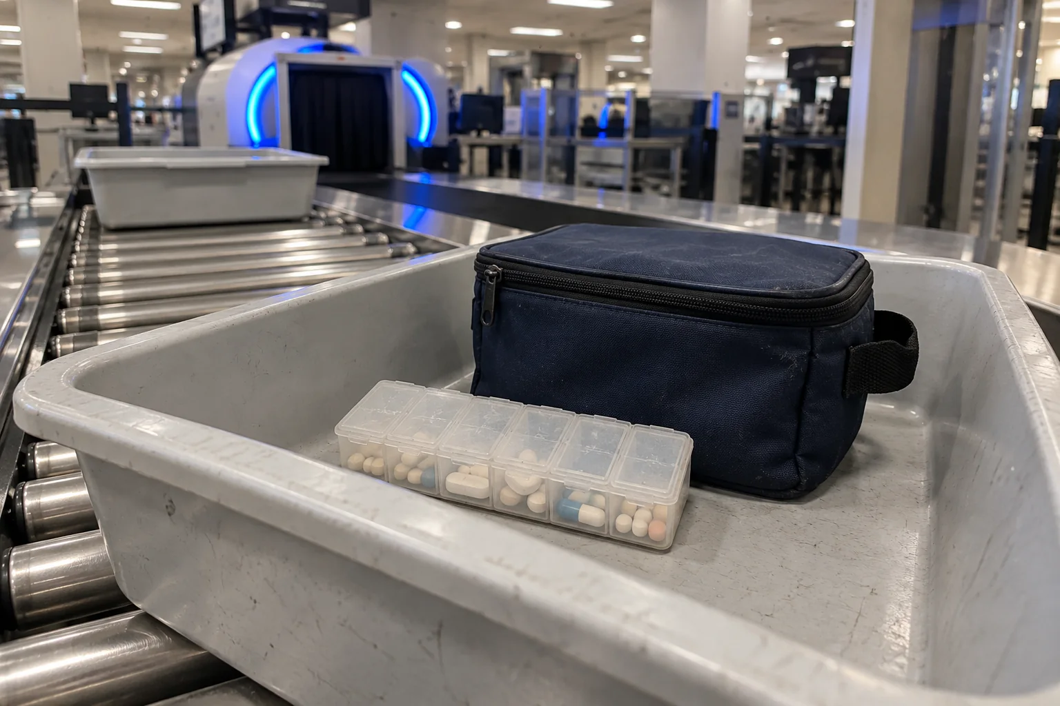 A pill organizer and a medication cooler bag in a security bin at Miami International Airport