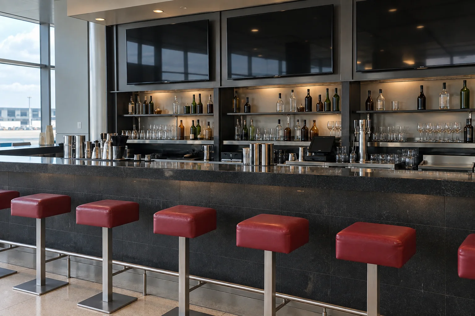 An empty airport bar counter with red stools