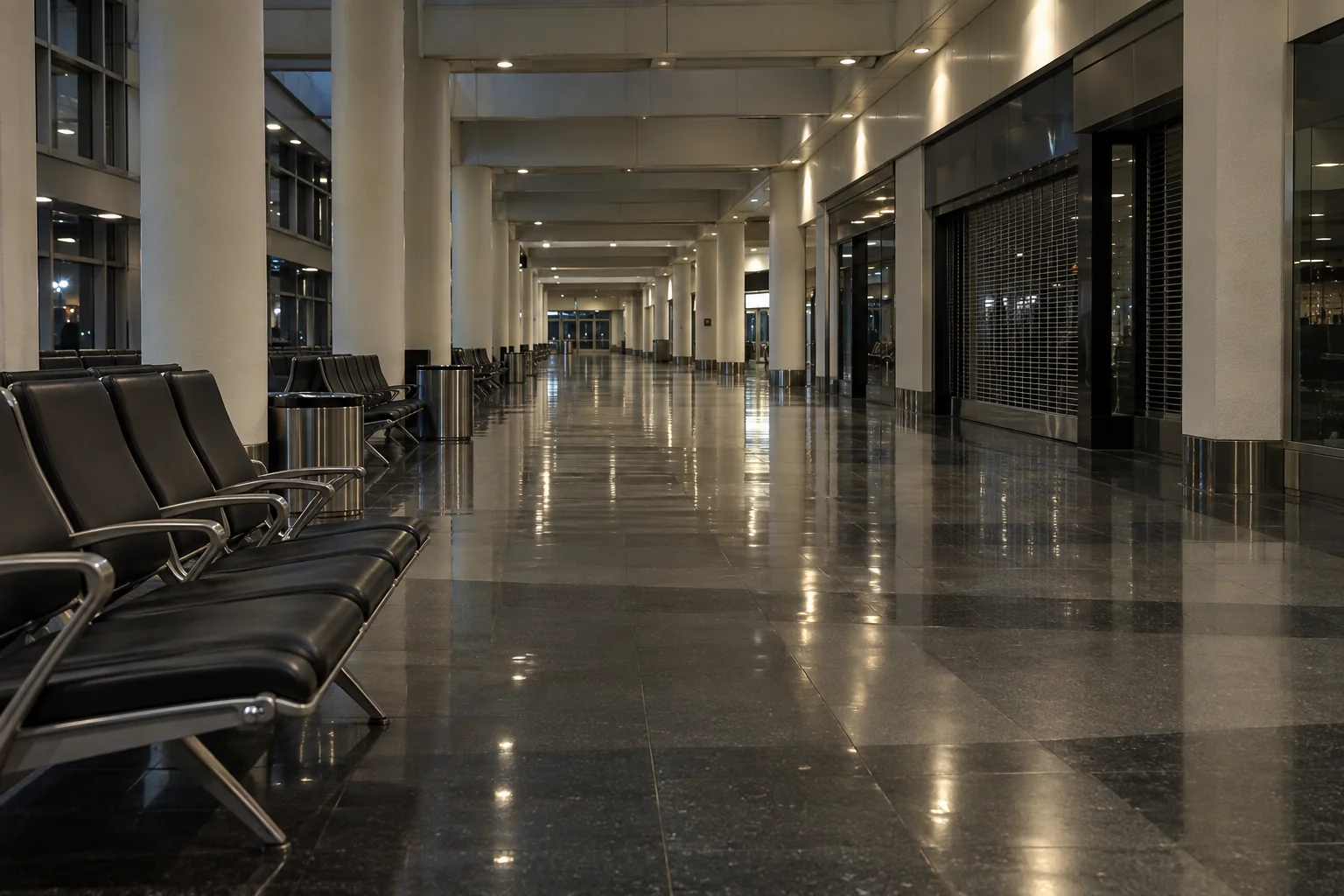 A nearly empty airport concourse at night
