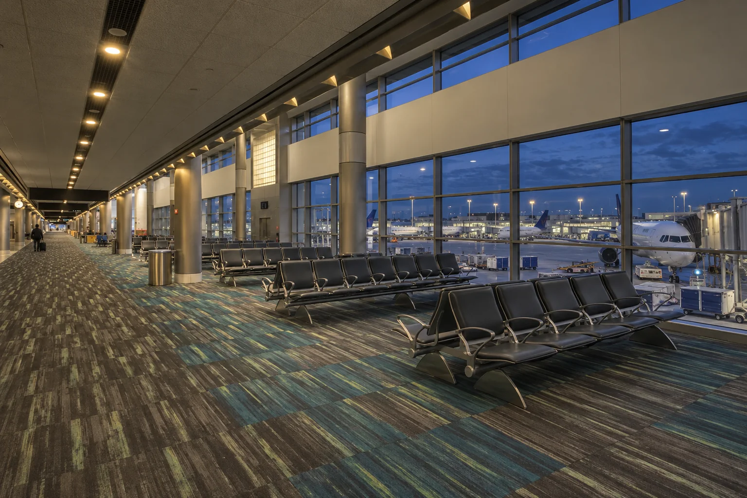 A nearly empty airport concourse before dawn
