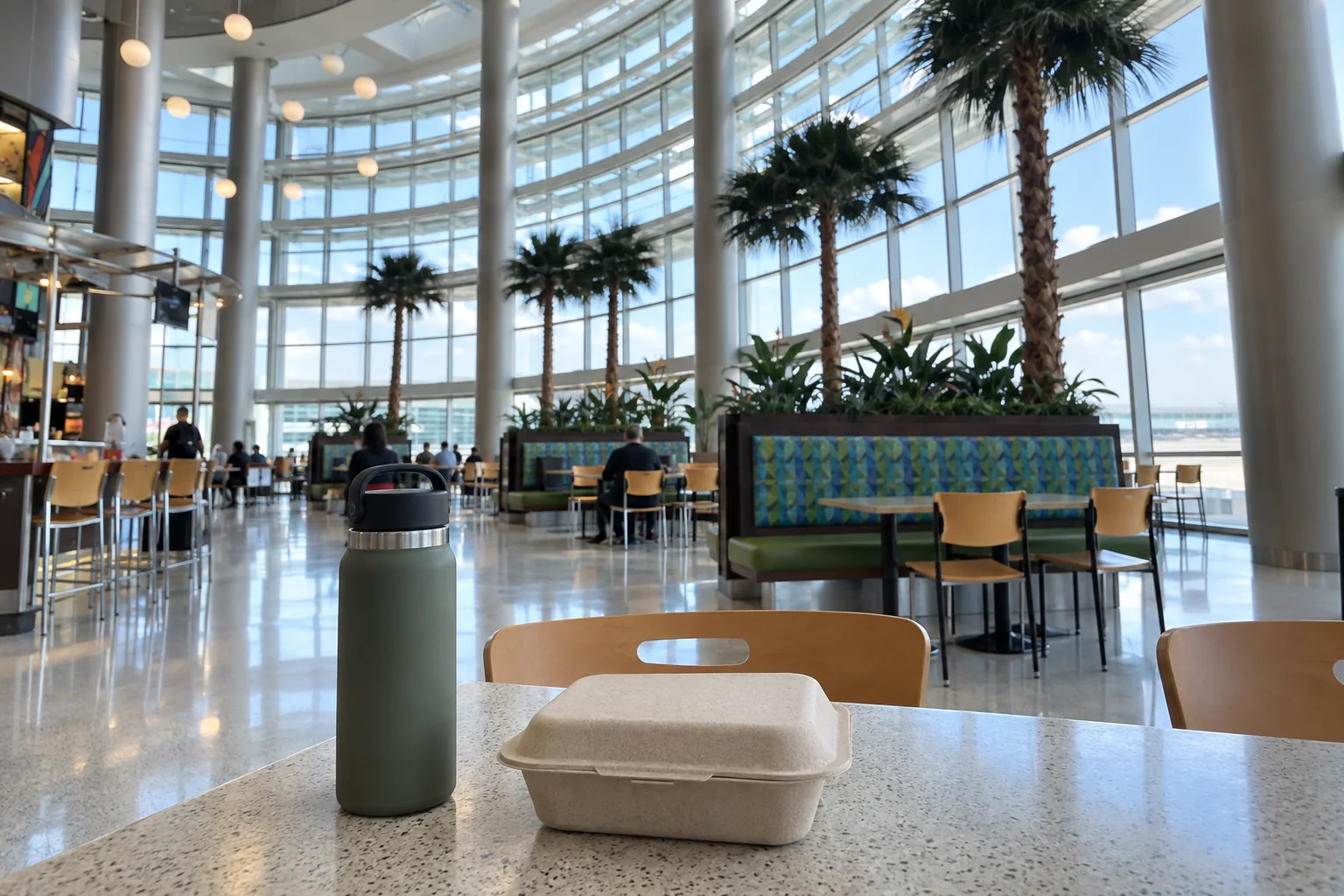 A water bottle and a closed takeaway box on a table in the Concourse D food court at Miami International Airport