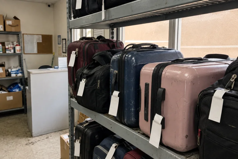 Tagged suitcases on metal shelves in the baggage storage room at Miami International Airport