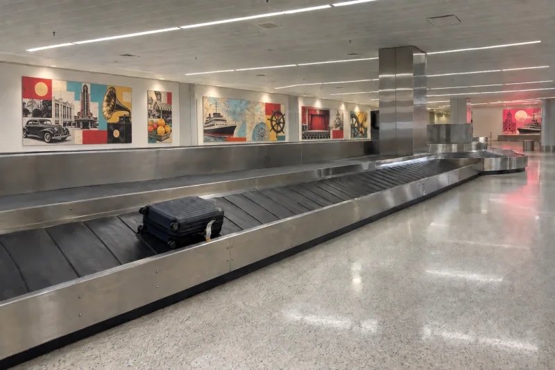 A single suitcase on an empty baggage carousel