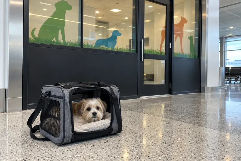 A small dog in a soft carrier outside a pet relief room