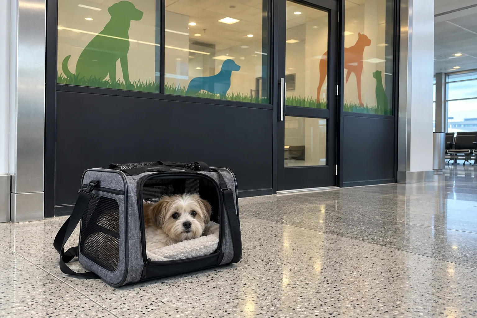 A small dog in a soft carrier outside a pet relief room