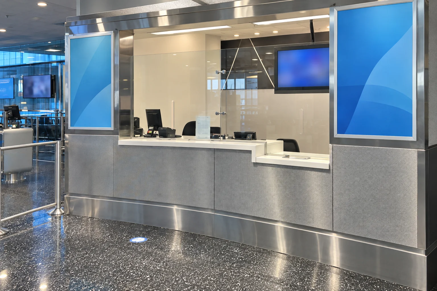 A currency exchange counter in an airport concourse