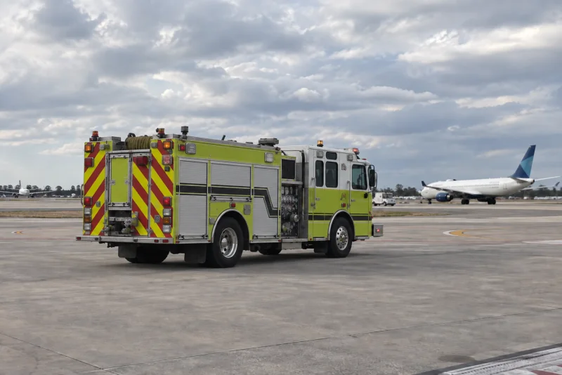 A lime-green airport fire rescue engine on the airfield