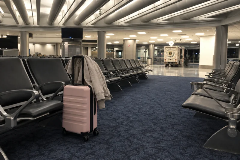 A suitcase with a jacket leaning against empty gate seats at night