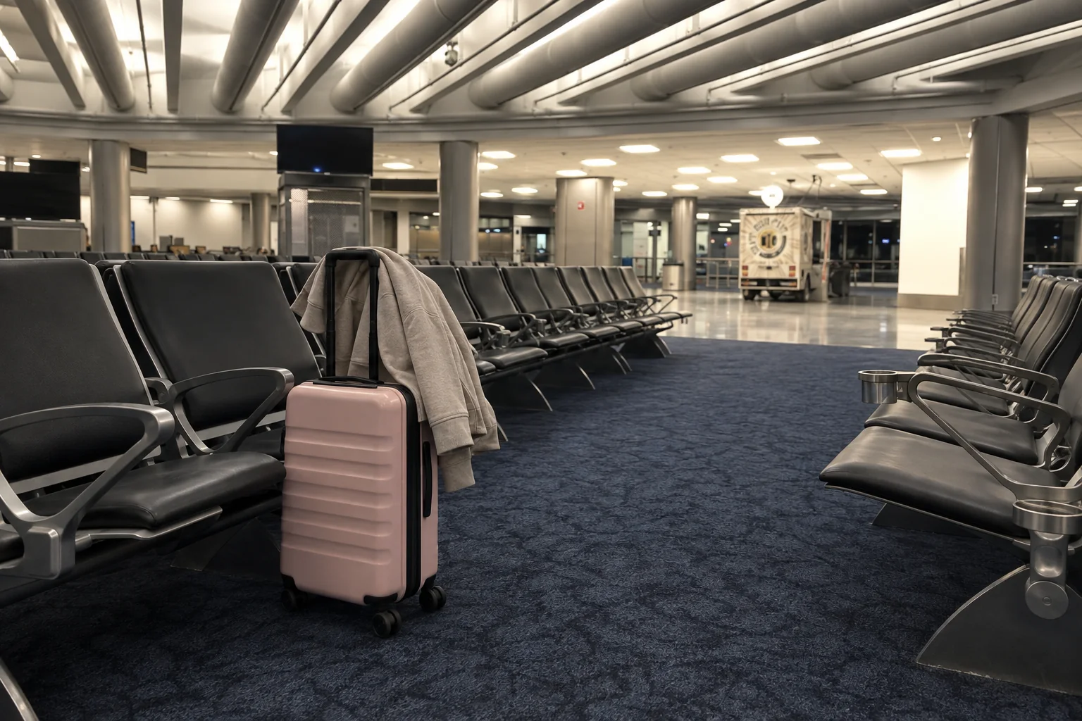 A suitcase with a jacket leaning against empty gate seats at night