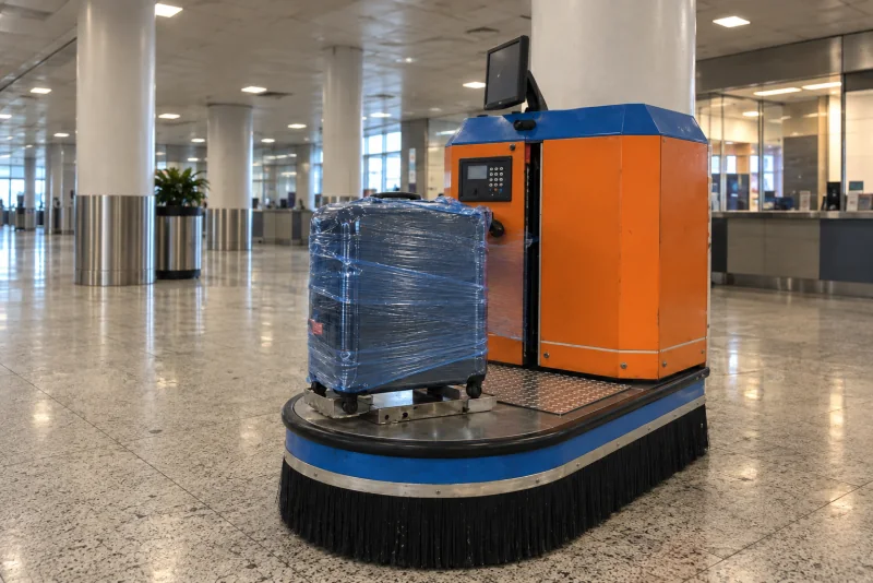 A suitcase wrapped in film on a bag-wrap turntable