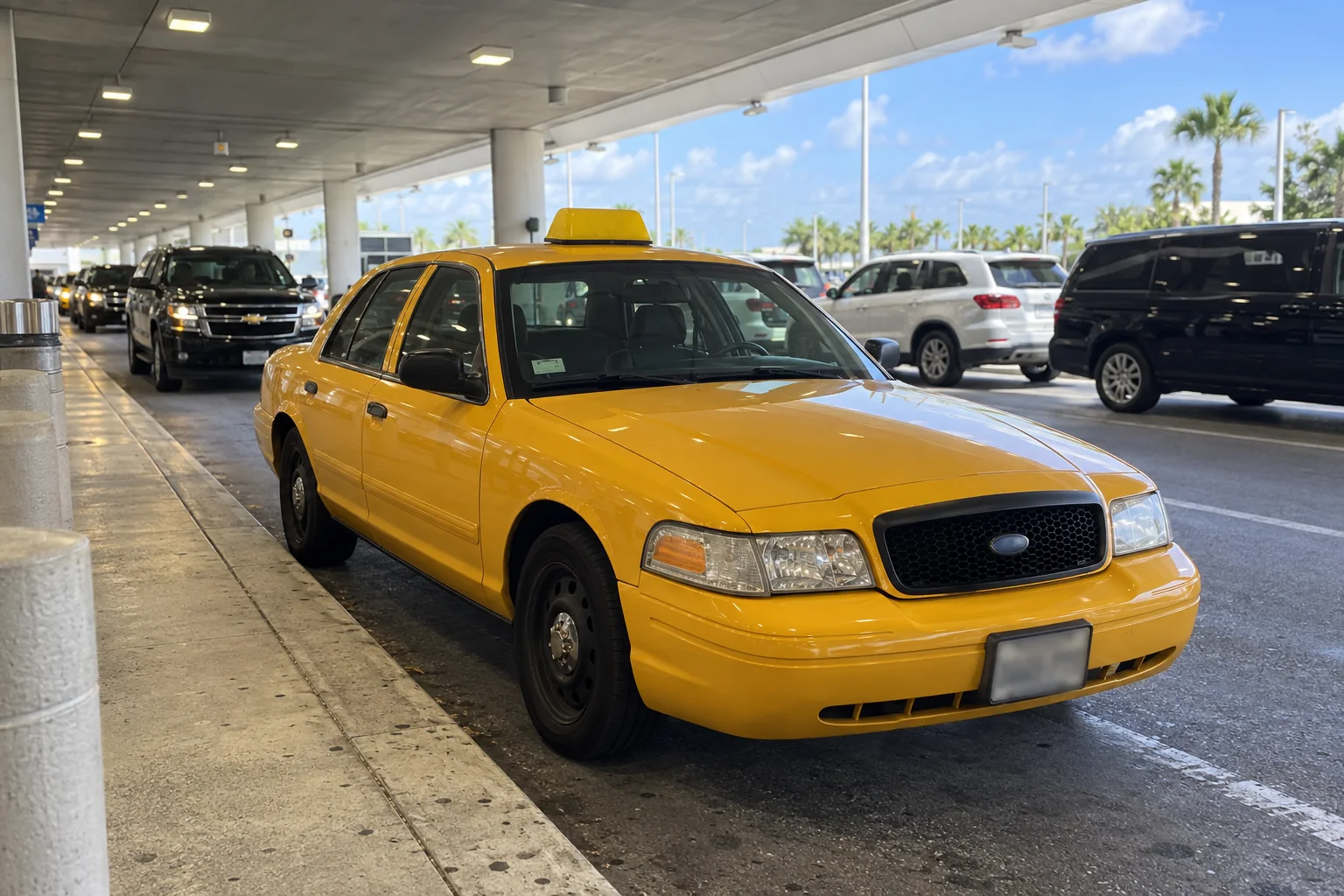 A yellow taxi waiting at an airport taxi stand outside arrivals