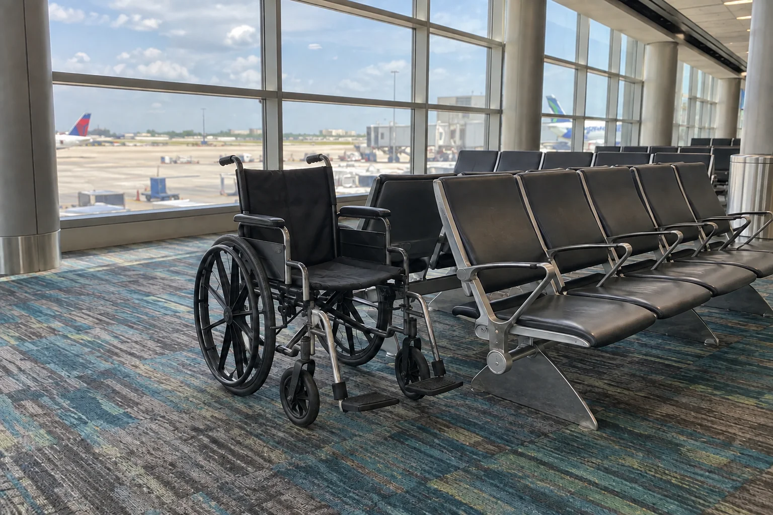 An empty airport wheelchair beside gate seats