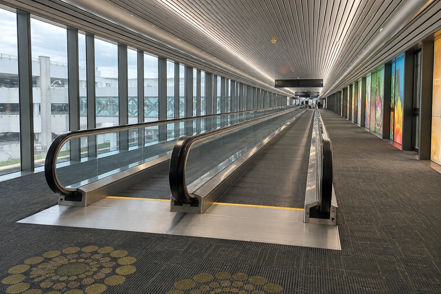 A long moving walkway in an airport concourse