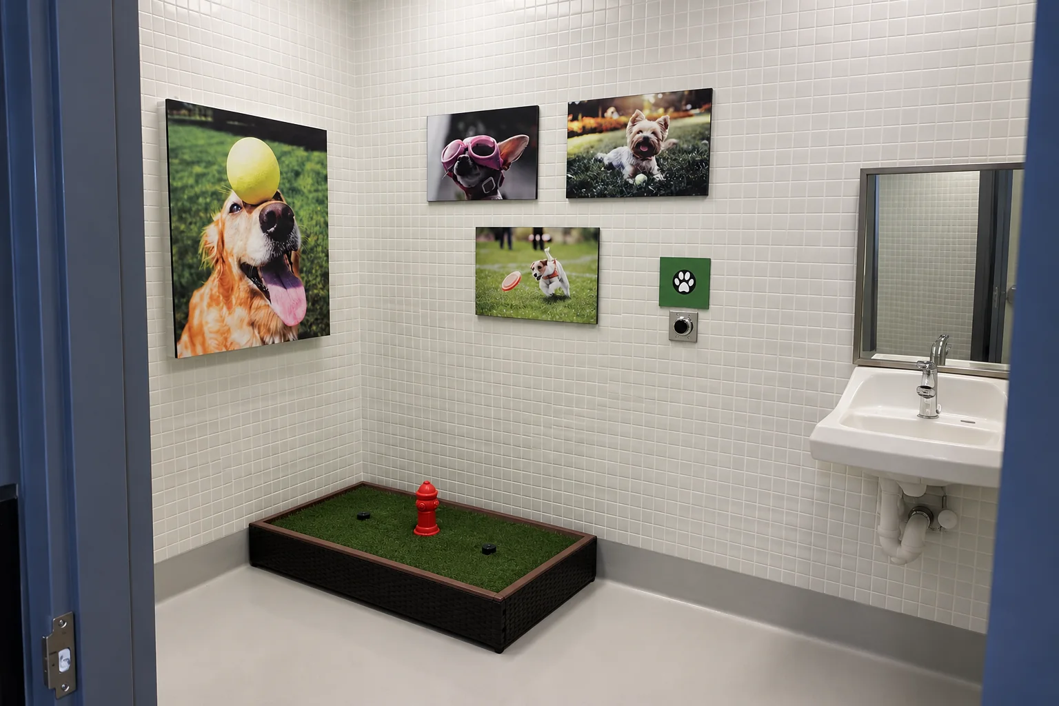 An indoor pet relief room with turf, a hydrant and framed dog photographs