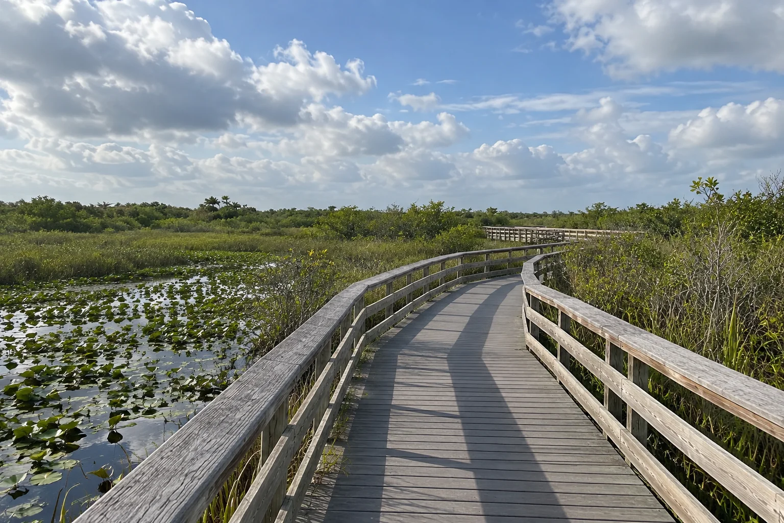 The Anhinga Trail boardwalk over water lilies in Everglades National Park