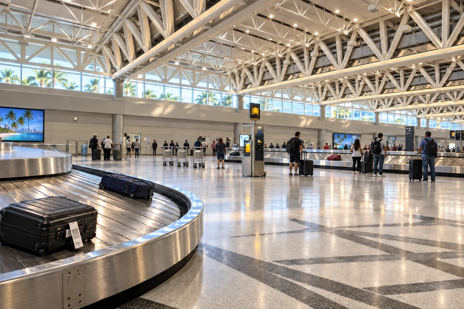 Travelers waiting beside baggage carousels in Miami International Airport