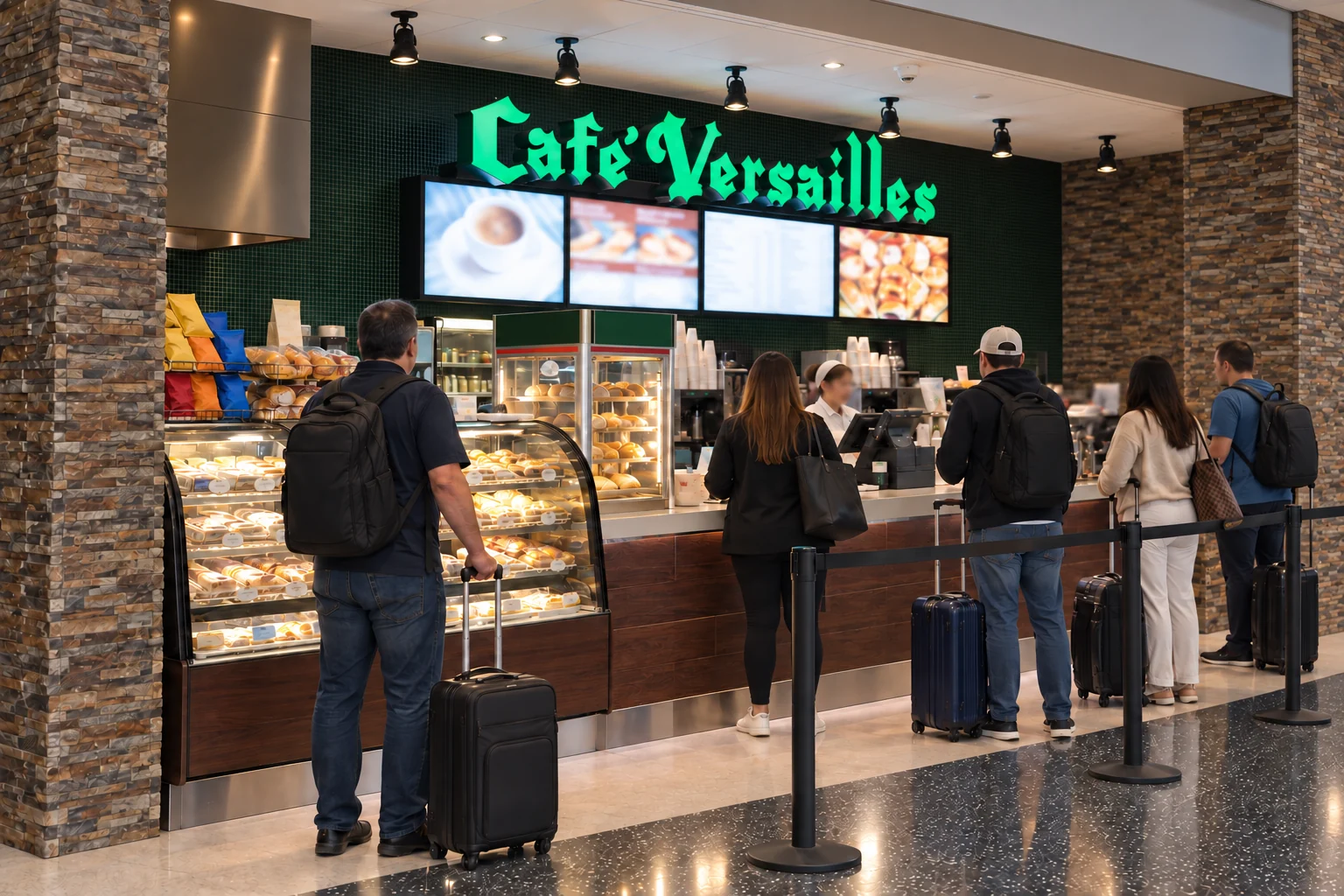 Travelers queueing at the Café Versailles counter in Miami airport's Concourse D
