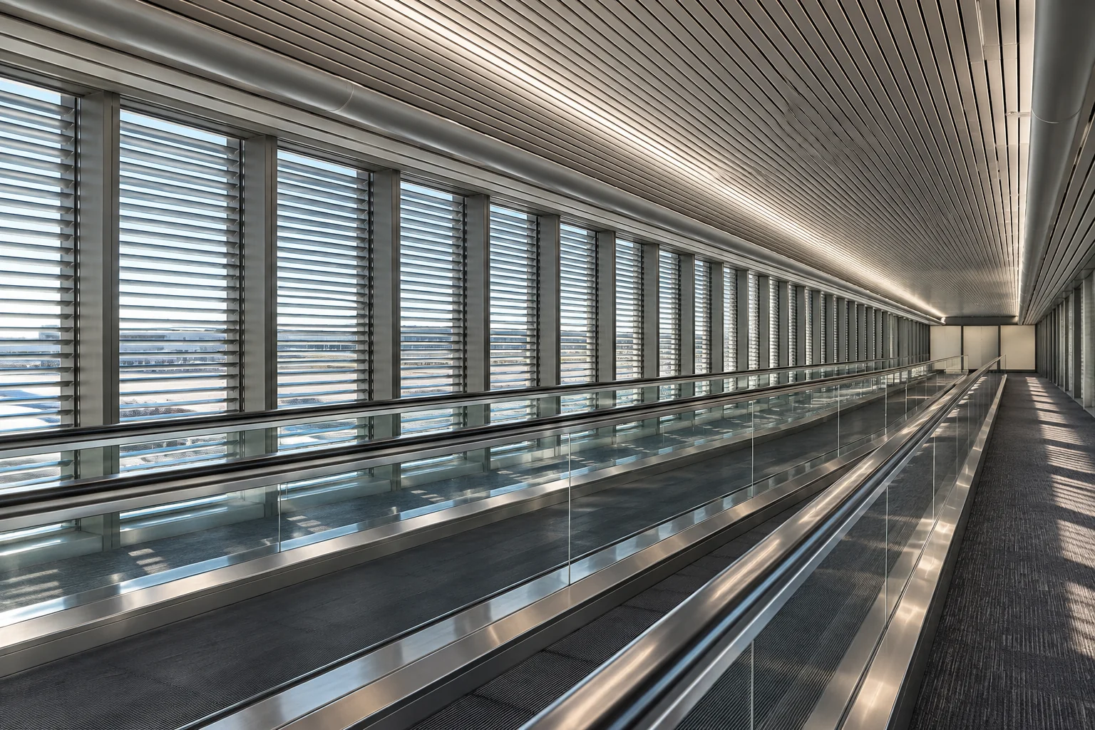 A moving walkway along a glass-walled corridor at Miami airport