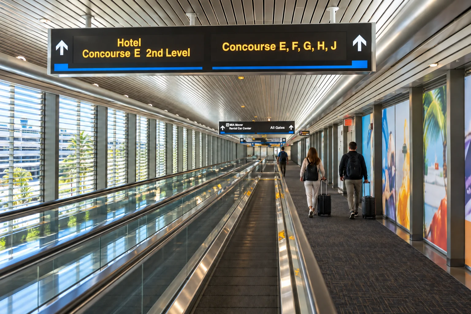 Moving walkways beside louvred windows in Miami's third-level terminal connector