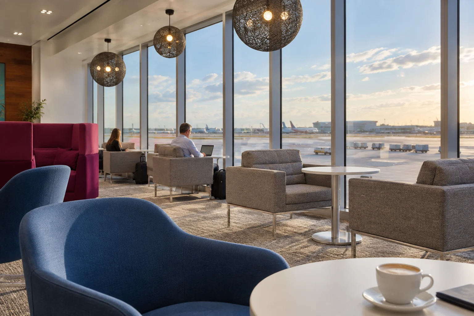 Window-side seating in the American Express Centurion Lounge at Miami airport