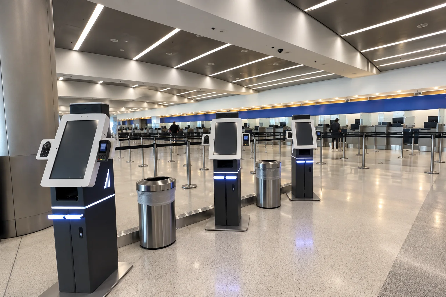 Kiosks and check-in counters in an airport terminal