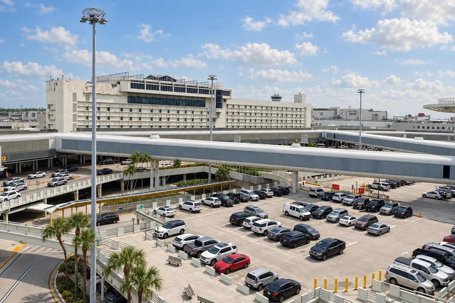 A surface parking lot in front of the Miami airport terminal