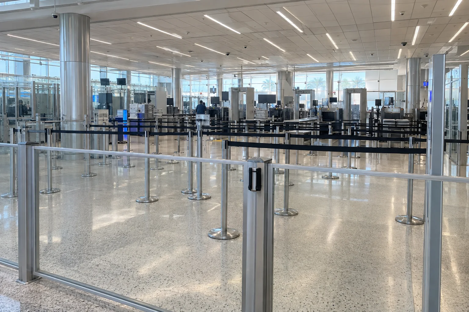 Empty queue lanes at an airport security checkpoint
